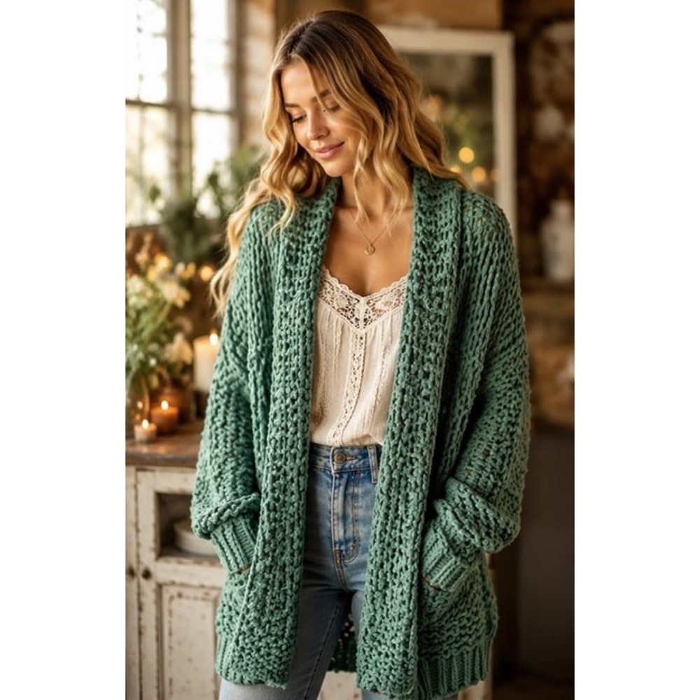 Altar'd State M Green Chunky Open Knit Cardigan Oversized Boho Cottagecore Cozy